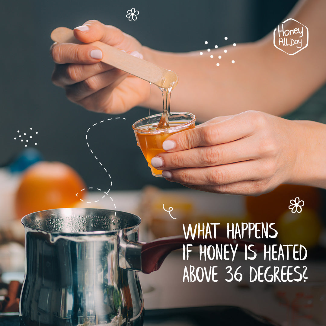 WHAT HAPPENS IF HONEY IS HEATED ABOVE 36 DEGREES?